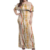 Hawaiian Ohia Lehua Lei Off Shoulder Maxi Dress Plaid Palaka Ahiehie Pattern - Polynesian Pride