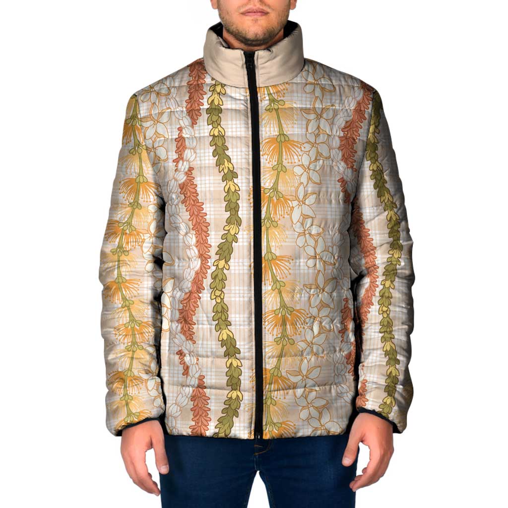 Hawaiian Ohia Lehua Lei Padded Jacket Plaid Palaka Ahiehie Pattern LT9 Men Beige - Polynesian Pride