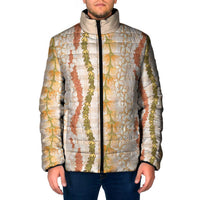 Hawaiian Ohia Lehua Lei Padded Jacket Plaid Palaka Ahiehie Pattern LT9 Men Beige - Polynesian Pride