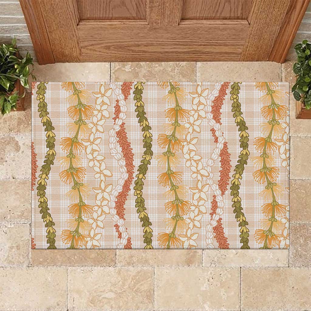 Hawaiian Ohia Lehua Lei Rubber Doormat Plaid Palaka Ahiehie Pattern LT9 Beige - Polynesian Pride