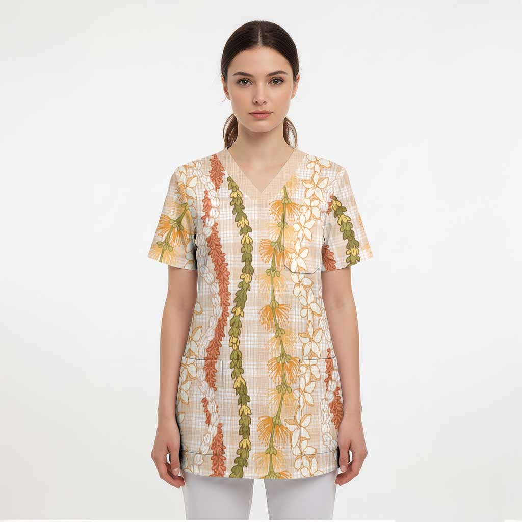 Hawaiian Ohia Lehua Lei Scrub Top Plaid Palaka Ahiehie Pattern LT9 - Polynesian Pride