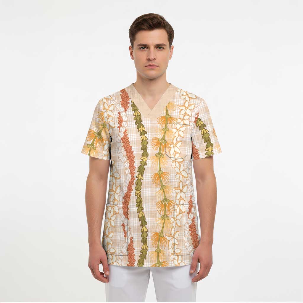 Hawaiian Ohia Lehua Lei Scrub Top Plaid Palaka Ahiehie Pattern LT9 - Polynesian Pride