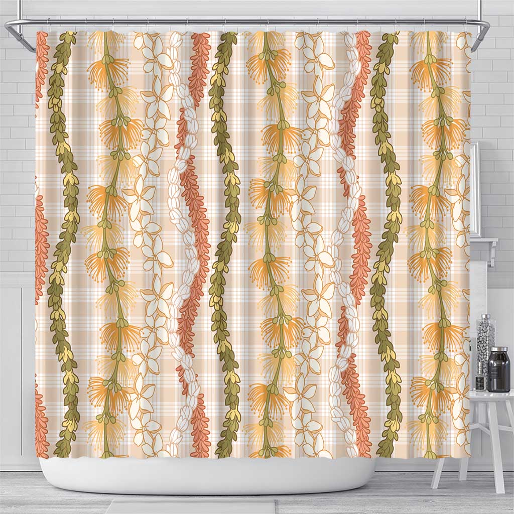 Hawaiian Ohia Lehua Lei Shower Curtain Plaid Palaka Ahiehie Pattern - Polynesian Pride