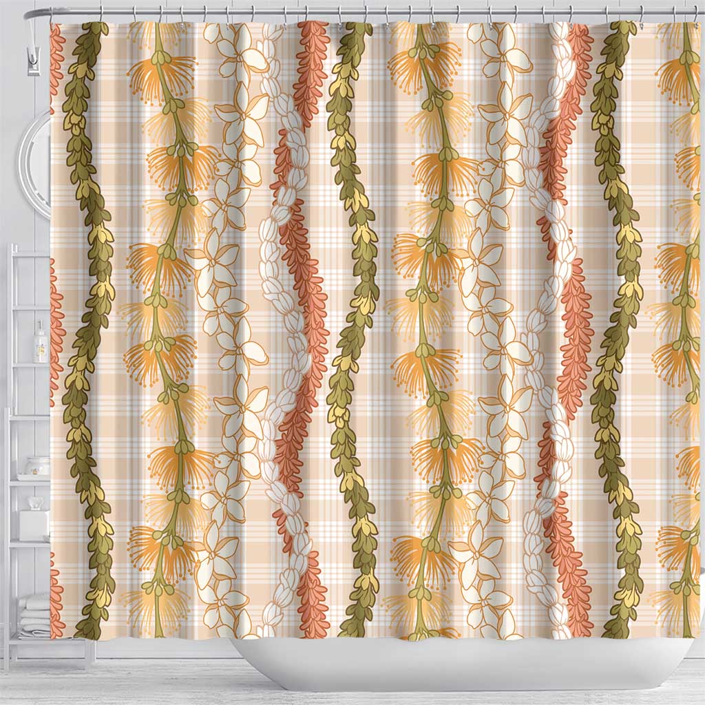 Hawaiian Ohia Lehua Lei Shower Curtain Plaid Palaka Ahiehie Pattern - Polynesian Pride