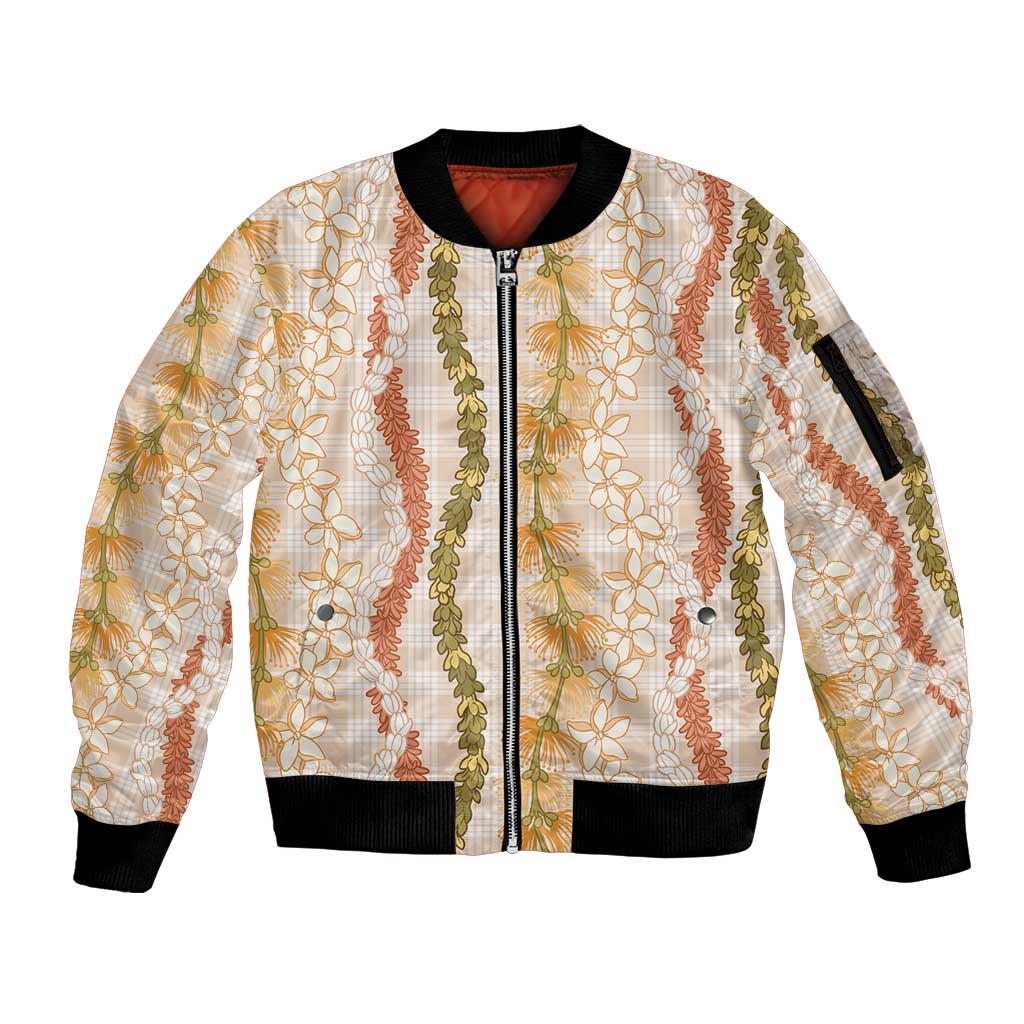 Hawaiian Ohia Lehua Lei Sleeve Zip Bomber Jacket Plaid Palaka Ahiehie Pattern LT9 Unisex Beige - Polynesian Pride