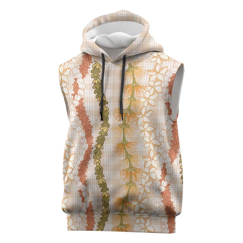 Hawaiian Ohia Lehua Lei Sleeveless Hoodie Plaid Palaka Ahiehie Pattern LT9 Beige - Polynesian Pride