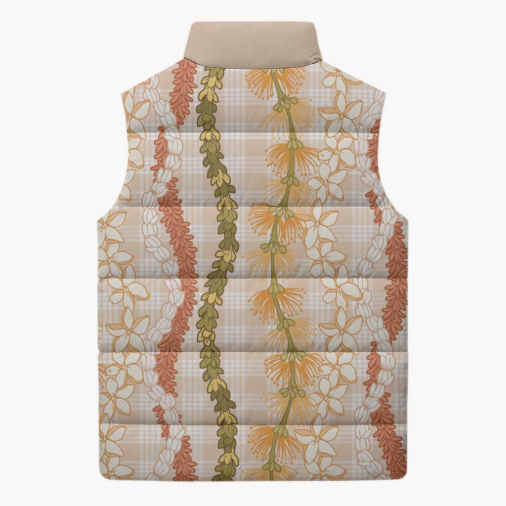 Hawaiian Ohia Lehua Lei Sleeveless Puffer Jacket Plaid Palaka Ahiehie Pattern LT9 - Polynesian Pride