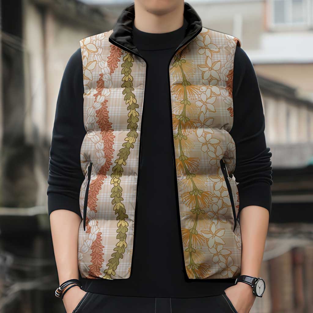 Hawaiian Ohia Lehua Lei Sleeveless Puffer Jacket Plaid Palaka Ahiehie Pattern LT9 - Polynesian Pride