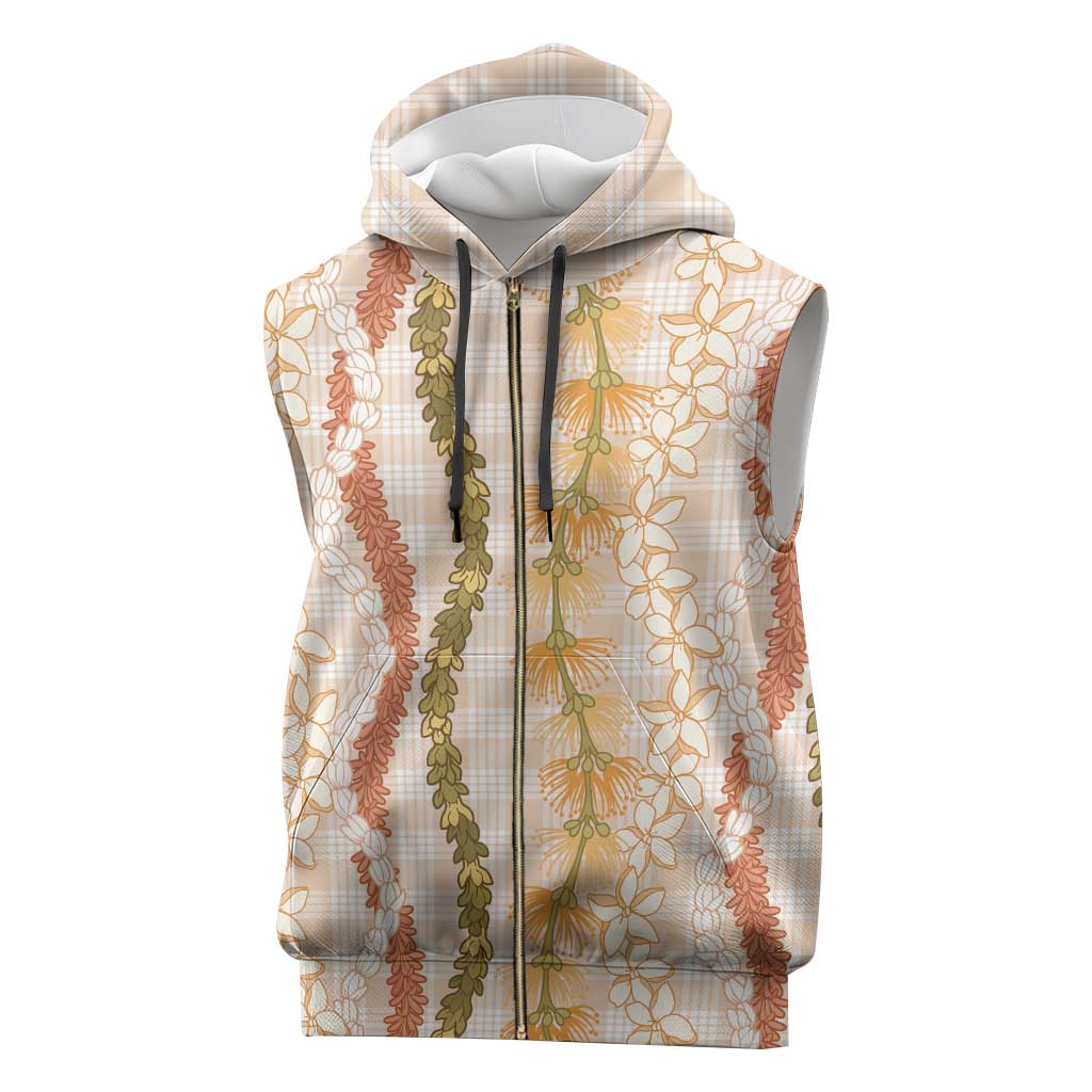 Hawaiian Ohia Lehua Lei Sleeveless Zip Hoodie Plaid Palaka Ahiehie Pattern - Polynesian Pride