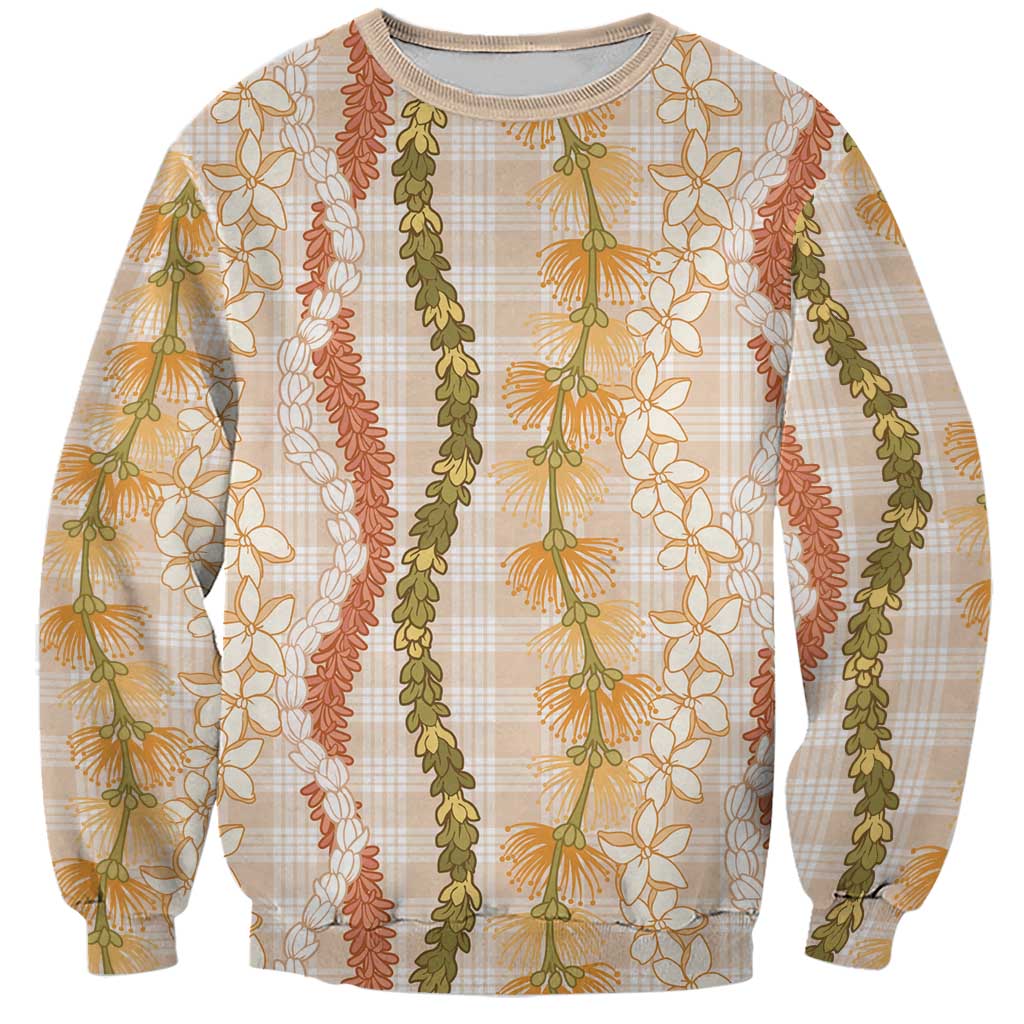 Hawaiian Ohia Lehua Lei Sweatshirt Plaid Palaka Ahiehie Pattern LT9 Unisex Beige - Polynesian Pride