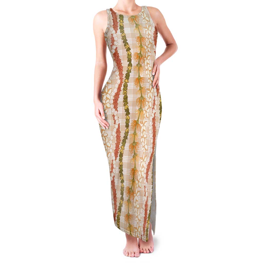 Hawaiian Ohia Lehua Lei Tank Maxi Dress Plaid Palaka Ahiehie Pattern LT9 Women Beige - Polynesian Pride