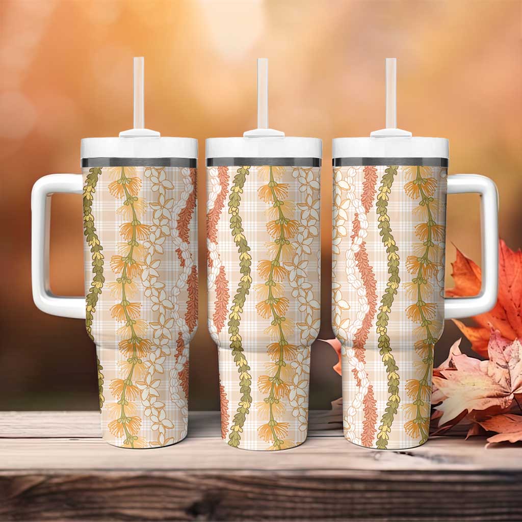 Hawaiian Ohia Lehua Lei Tumbler With Handle Plaid Palaka Ahiehie Pattern - Polynesian Pride