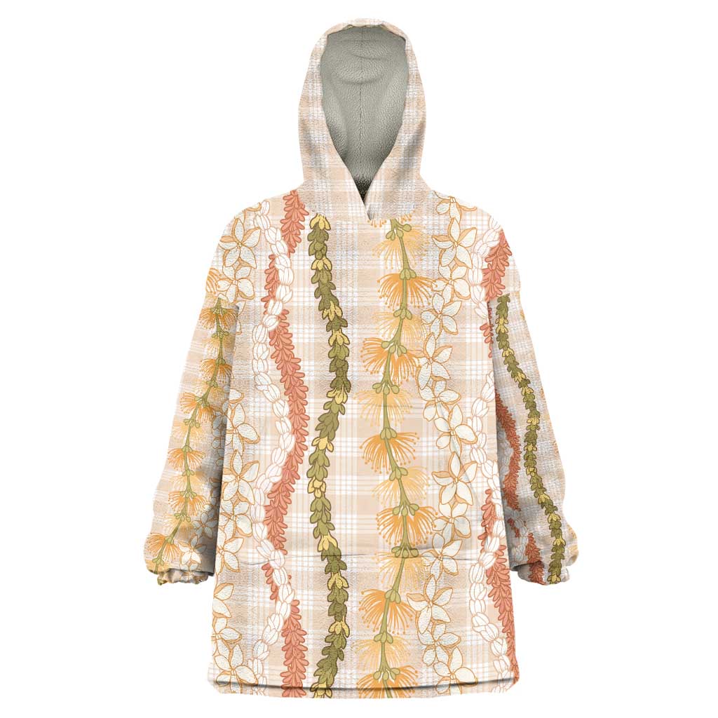 Hawaiian Ohia Lehua Lei Wearable Blanket Hoodie Plaid Palaka Ahiehie Pattern LT9 One Size Beige - Polynesian Pride
