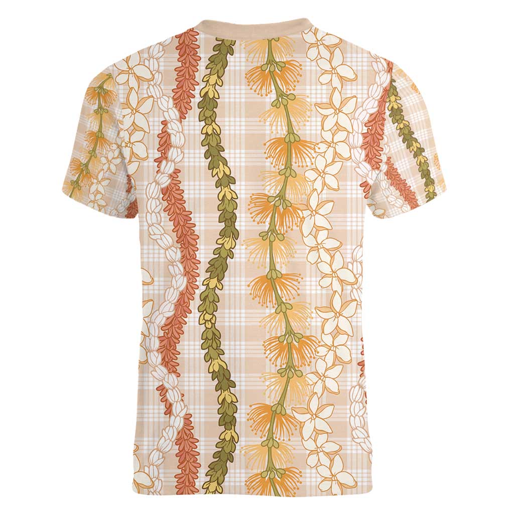 Hawaiian Ohia Lehua Lei Women V-Neck T-Shirt Plaid Palaka Ahiehie Pattern - Polynesian Pride