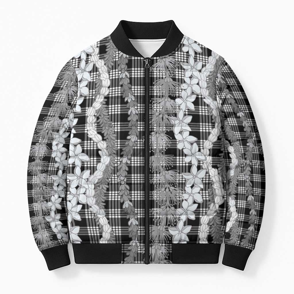 Hawaiian Ohia Lehua Lei Bomber Puffer Jacket Plaid Palaka Eleele Pattern LT9 Unisex Black - Polynesian Pride