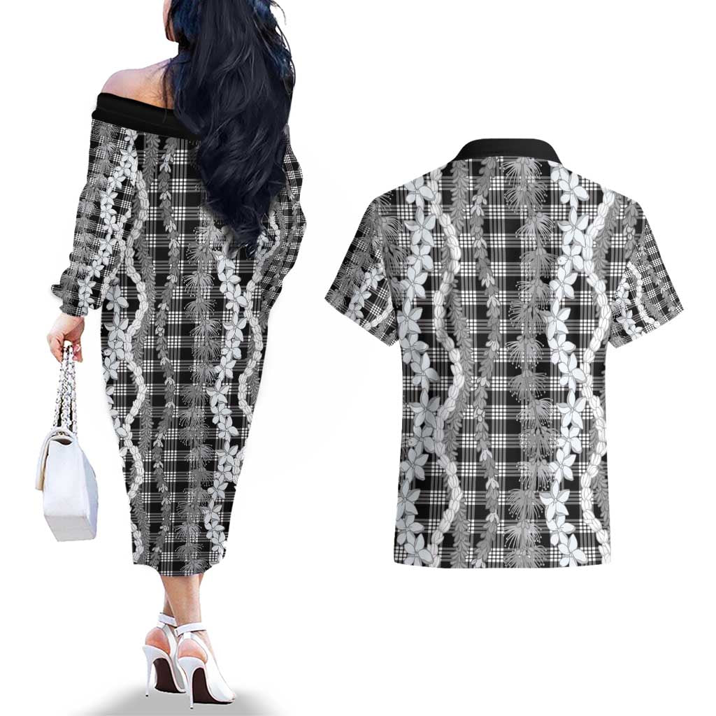 Hawaiian Ohia Lehua Lei Couples Matching Off The Shoulder Long Sleeve Dress and Hawaiian Shirt Plaid Palaka Eleele Pattern - Polynesian Pride