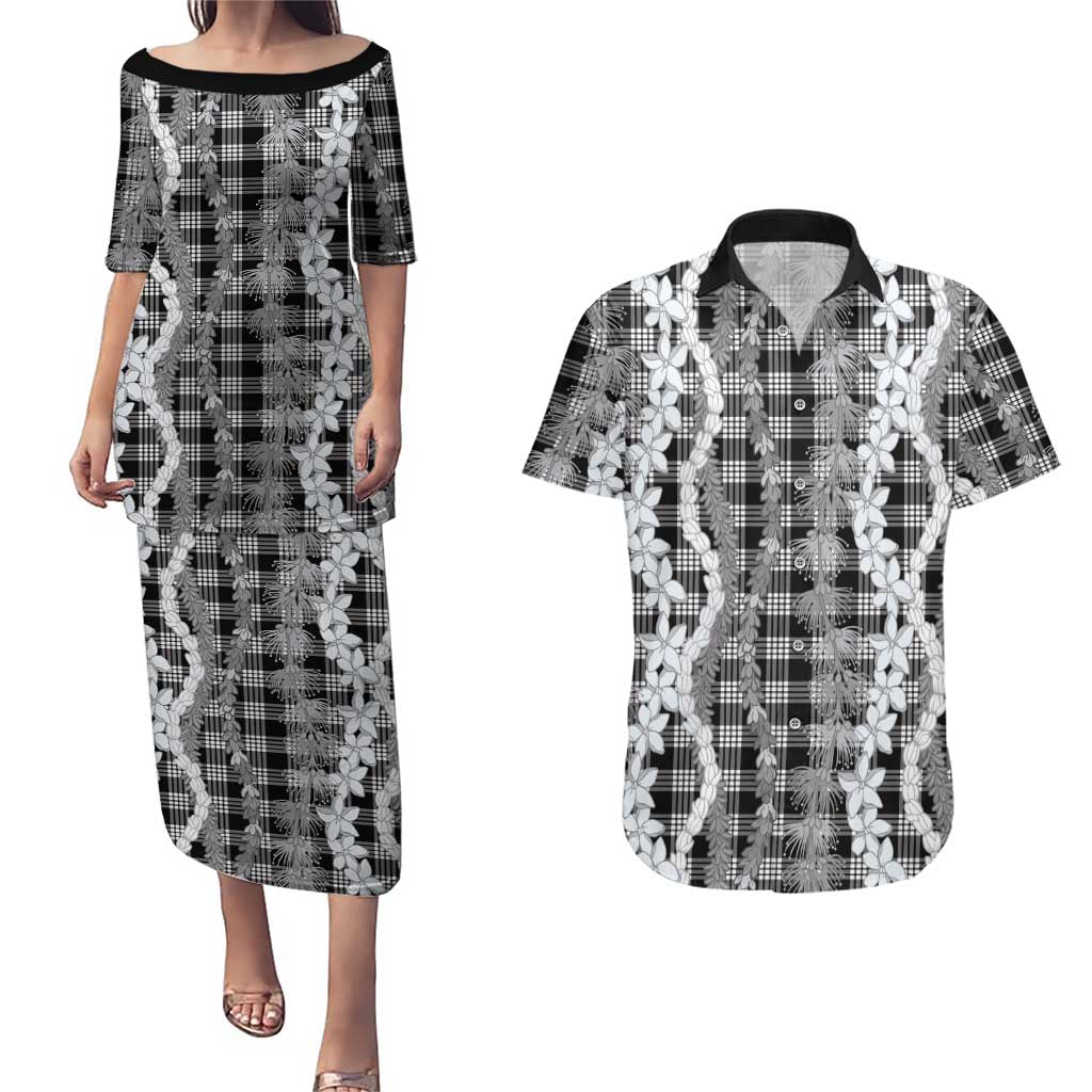 Hawaiian Ohia Lehua Lei Couples Matching Puletasi and Hawaiian Shirt Plaid Palaka Eleele Pattern LT9 Black - Polynesian Pride
