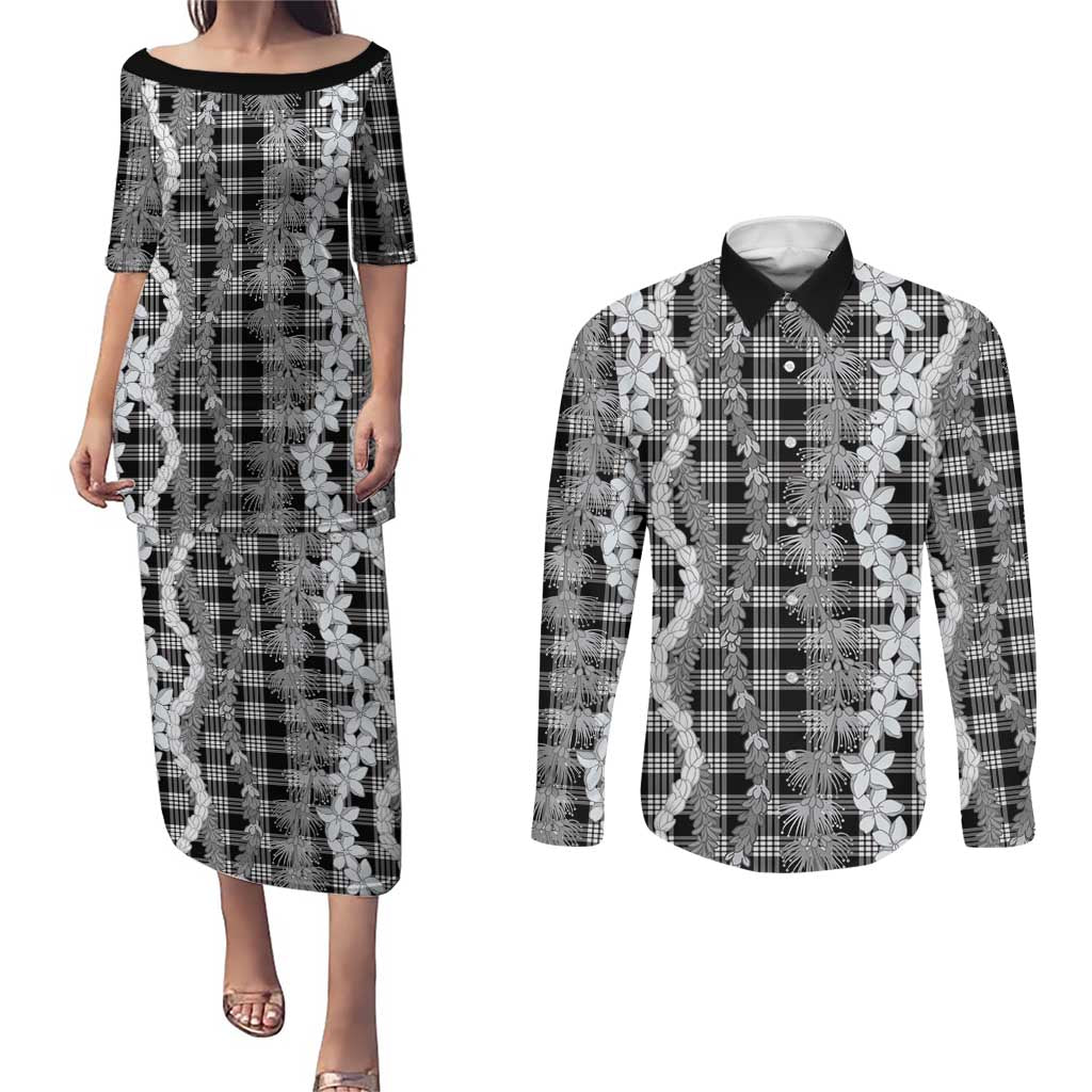 Hawaiian Ohia Lehua Lei Couples Matching Puletasi and Long Sleeve Button Shirt Plaid Palaka Eleele Pattern LT9 Black - Polynesian Pride