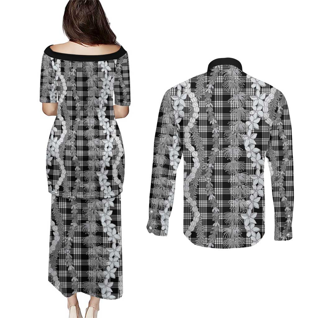 Hawaiian Ohia Lehua Lei Couples Matching Puletasi and Long Sleeve Button Shirt Plaid Palaka Eleele Pattern LT9 - Polynesian Pride