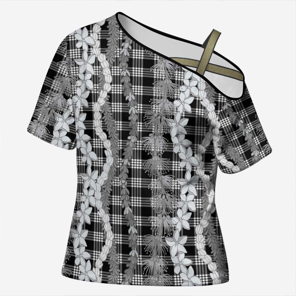 Hawaiian Ohia Lehua Lei Cross Shoulder Shirt Plaid Palaka Eleele Pattern LT9 Female Black - Polynesian Pride