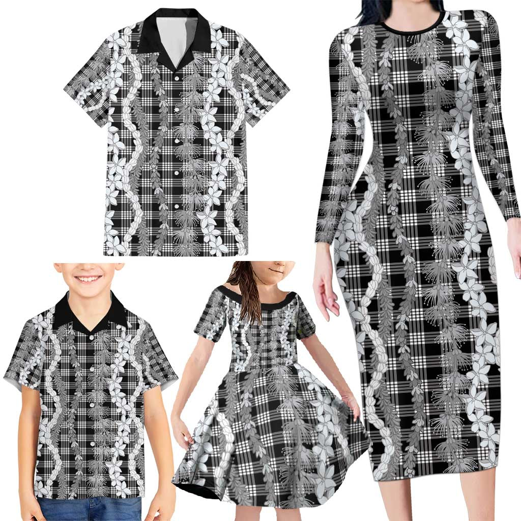 Hawaiian Ohia Lehua Lei Family Matching Long Sleeve Bodycon Dress and Hawaiian Shirt Plaid Palaka Eleele Pattern - Polynesian Pride