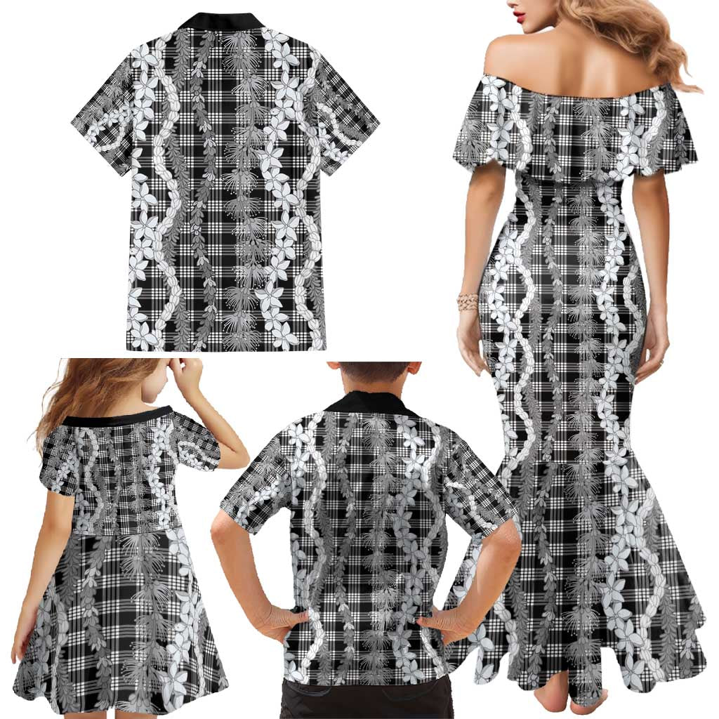 Hawaiian Ohia Lehua Lei Family Matching Mermaid Dress and Hawaiian Shirt Plaid Palaka Eleele Pattern - Polynesian Pride