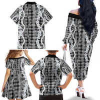 Hawaiian Ohia Lehua Lei Family Matching Off The Shoulder Long Sleeve Dress and Hawaiian Shirt Plaid Palaka Eleele Pattern - Polynesian Pride
