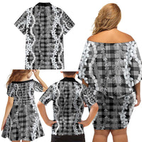 Hawaiian Ohia Lehua Lei Family Matching Off Shoulder Short Dress and Hawaiian Shirt Plaid Palaka Eleele Pattern - Polynesian Pride