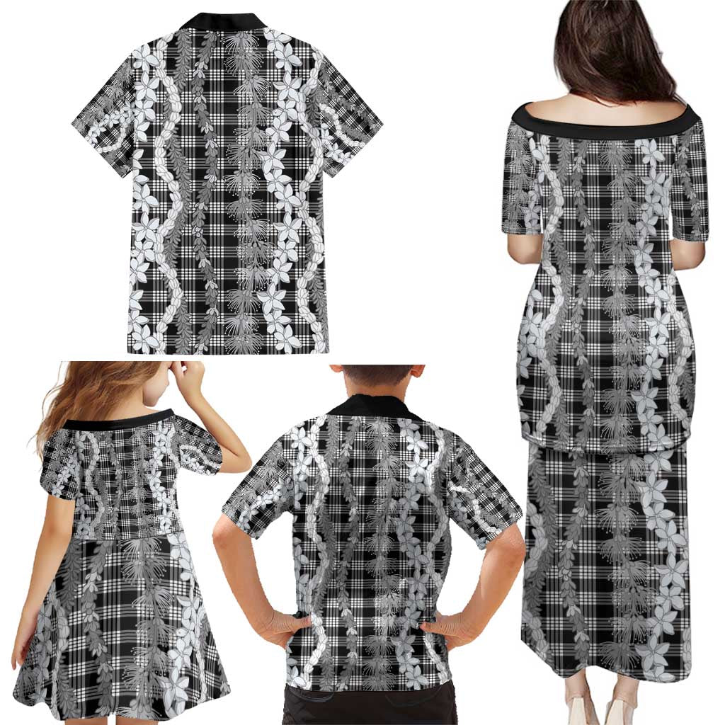 Hawaiian Ohia Lehua Lei Family Matching Puletasi and Hawaiian Shirt Plaid Palaka Eleele Pattern - Polynesian Pride