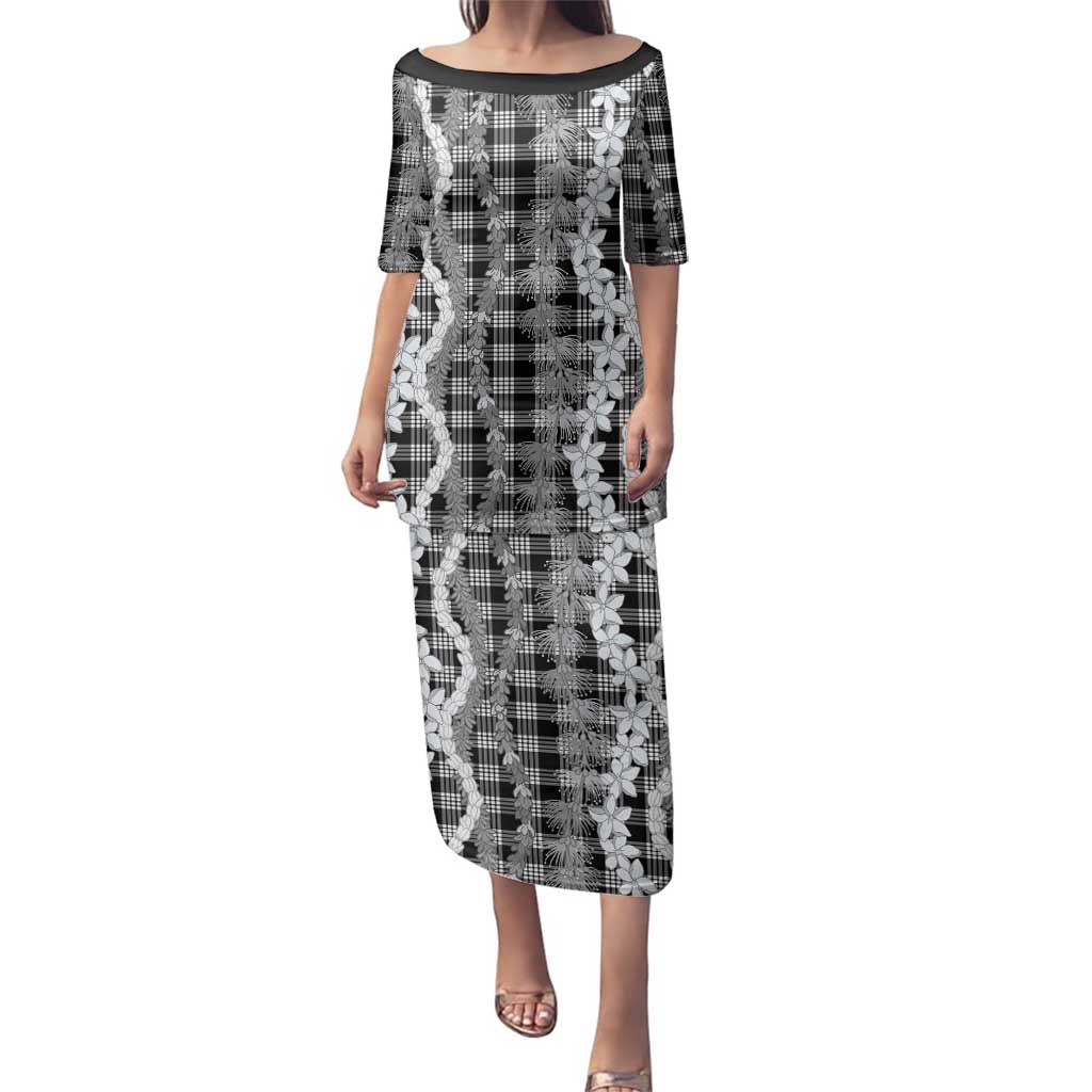 Hawaiian Ohia Lehua Lei Family Matching Puletasi and Hawaiian Shirt Plaid Palaka Eleele Pattern - Polynesian Pride