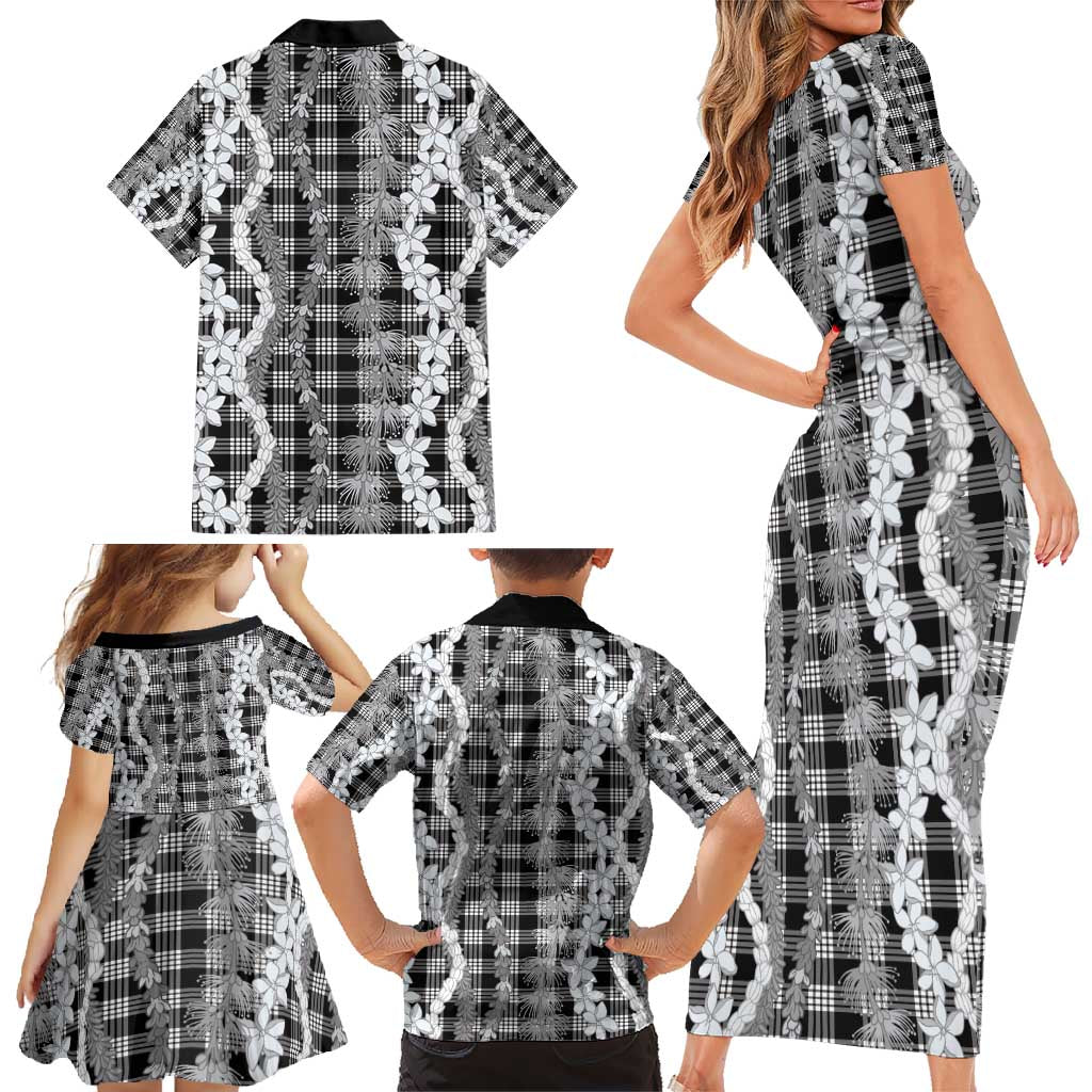 Hawaiian Ohia Lehua Lei Family Matching Short Sleeve Bodycon Dress and Hawaiian Shirt Plaid Palaka Eleele Pattern - Polynesian Pride