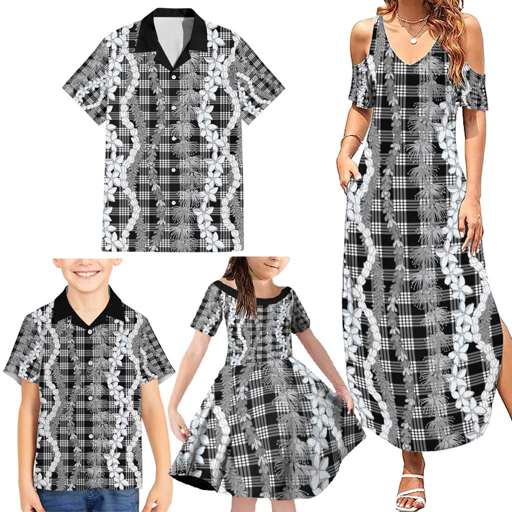 Hawaiian Ohia Lehua Lei Family Matching Summer Maxi Dress and Hawaiian Shirt Plaid Palaka Eleele Pattern - Polynesian Pride