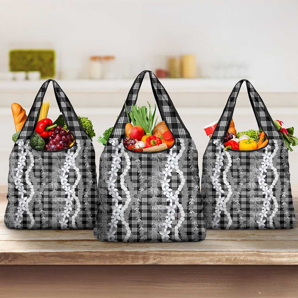 Hawaiian Ohia Lehua Lei Grocery Bag Plaid Palaka Eleele Pattern LT9 3-pack One Size Black - Polynesian Pride