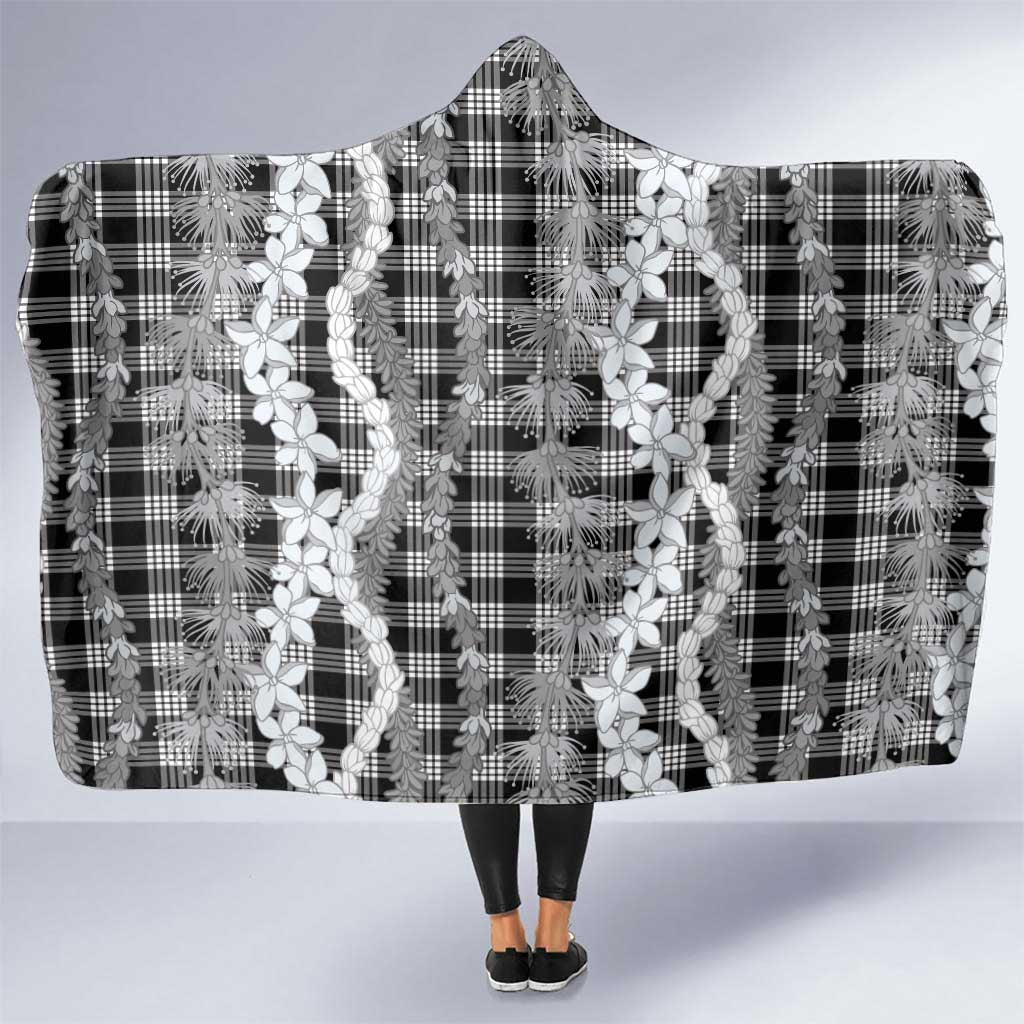 Hawaiian Ohia Lehua Lei Hooded Blanket Plaid Palaka Eleele Pattern LT9 One Size Black - Polynesian Pride