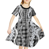 Hawaiian Ohia Lehua Lei Kid Short Sleeve Dress Plaid Palaka Eleele Pattern - Polynesian Pride