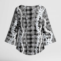 Hawaiian Ohia Lehua Lei Kimono Sleeve Blouse Plaid Palaka Eleele Pattern LT9 - Polynesian Pride