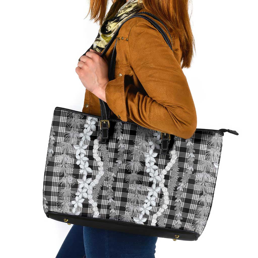 Hawaiian Ohia Lehua Lei Leather Tote Bag Plaid Palaka Eleele Pattern LT9 Black - Polynesian Pride