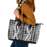 Hawaiian Ohia Lehua Lei Leather Tote Bag Plaid Palaka Eleele Pattern LT9 Black - Polynesian Pride