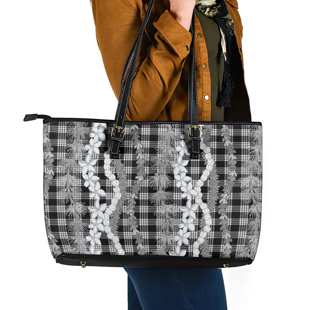 Hawaiian Ohia Lehua Lei Leather Tote Bag Plaid Palaka Eleele Pattern LT9 - Polynesian Pride