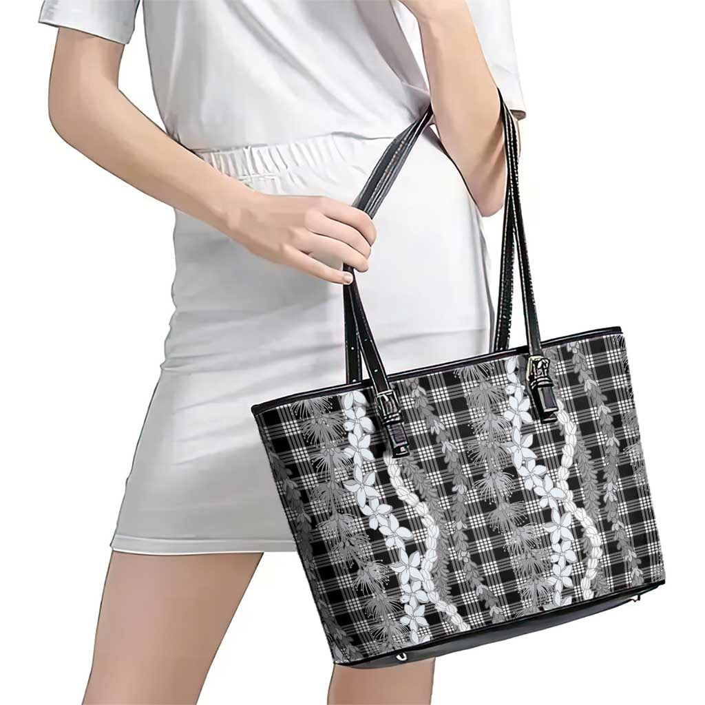 Hawaiian Ohia Lehua Lei Leather Tote Bag Plaid Palaka Eleele Pattern LT9 - Polynesian Pride