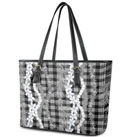 Hawaiian Ohia Lehua Lei Leather Tote Bag Plaid Palaka Eleele Pattern LT9 - Polynesian Pride