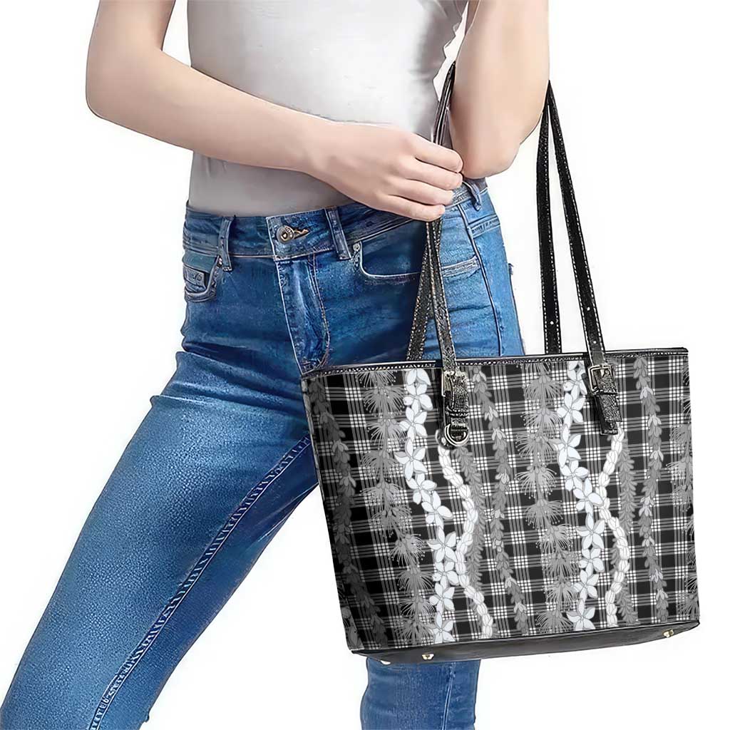 Hawaiian Ohia Lehua Lei Leather Tote Bag Plaid Palaka Eleele Pattern LT9 - Polynesian Pride