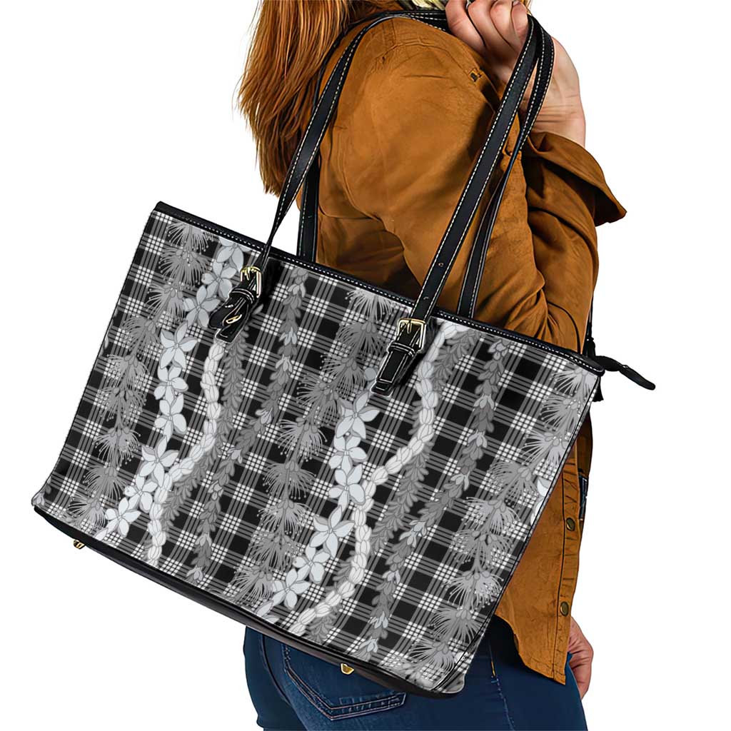 Hawaiian Ohia Lehua Lei Leather Tote Bag Plaid Palaka Eleele Pattern LT9 - Polynesian Pride