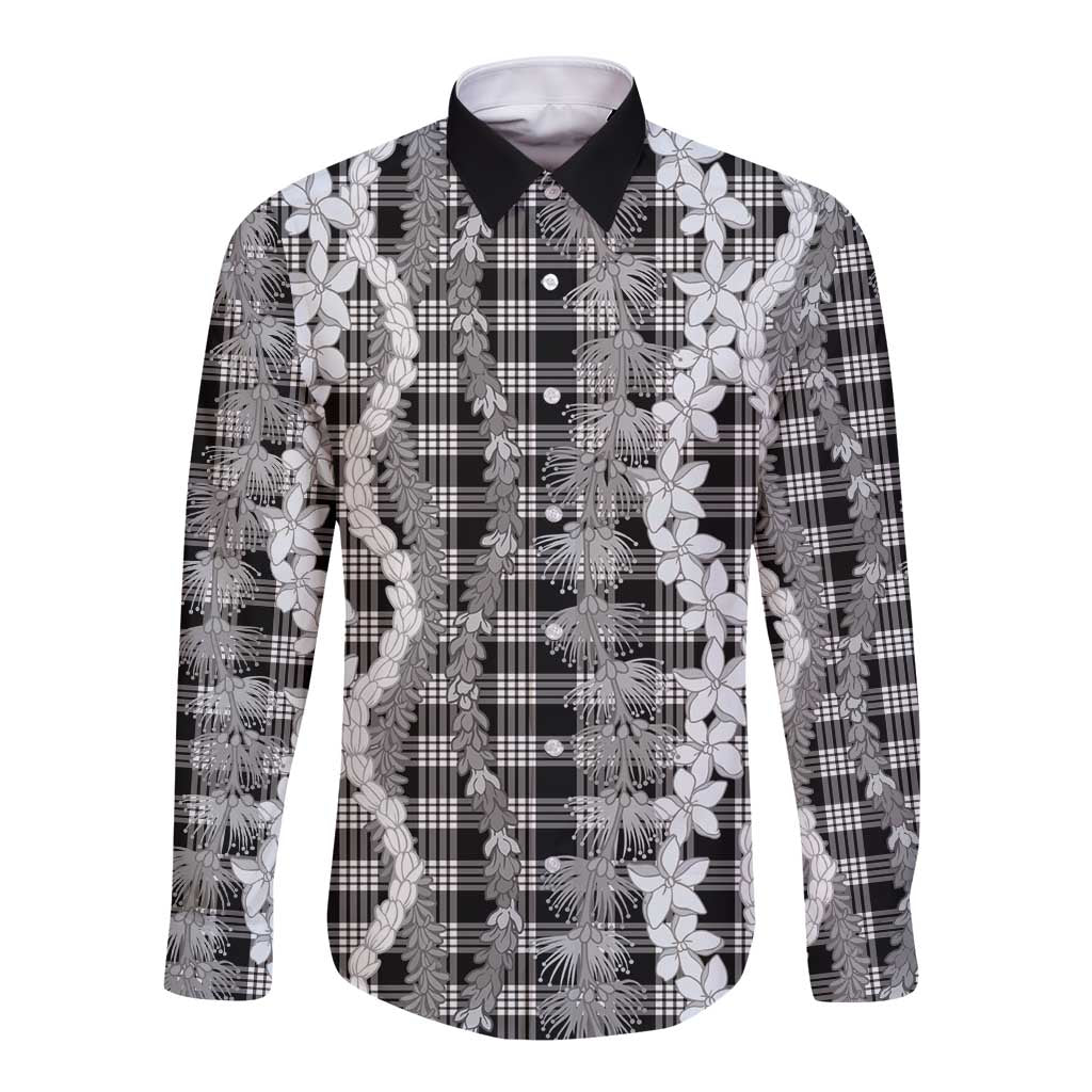 Hawaiian Ohia Lehua Lei Long Sleeve Button Shirt Plaid Palaka Eleele Pattern LT9 Unisex Black - Polynesian Pride