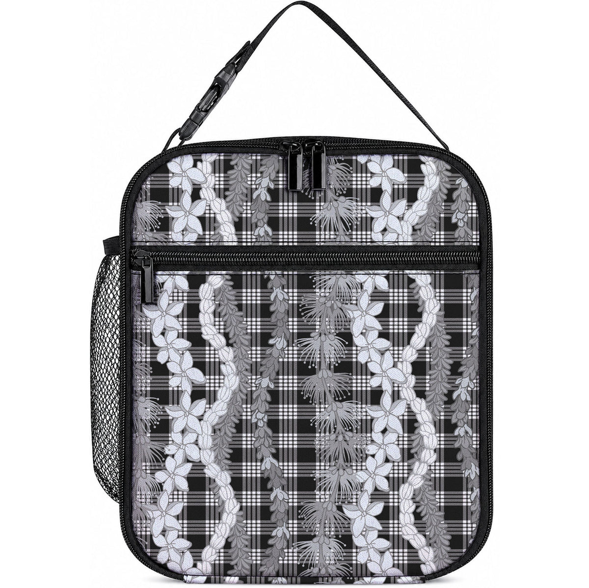Hawaiian Ohia Lehua Lei Lunch Bag Plaid Palaka Eleele Pattern LT9 10.2 × 8.3 × 4.3 inch Black - Polynesian Pride