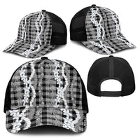 Hawaiian Ohia Lehua Lei Mesh Trucker Cap Plaid Palaka Eleele Pattern - Polynesian Pride