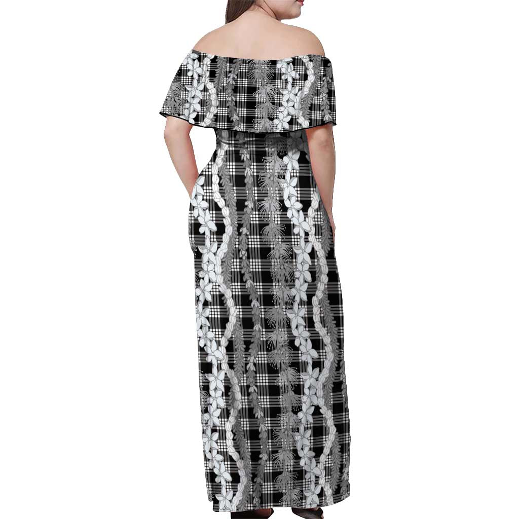 Hawaiian Ohia Lehua Lei Off Shoulder Maxi Dress Plaid Palaka Eleele Pattern - Polynesian Pride