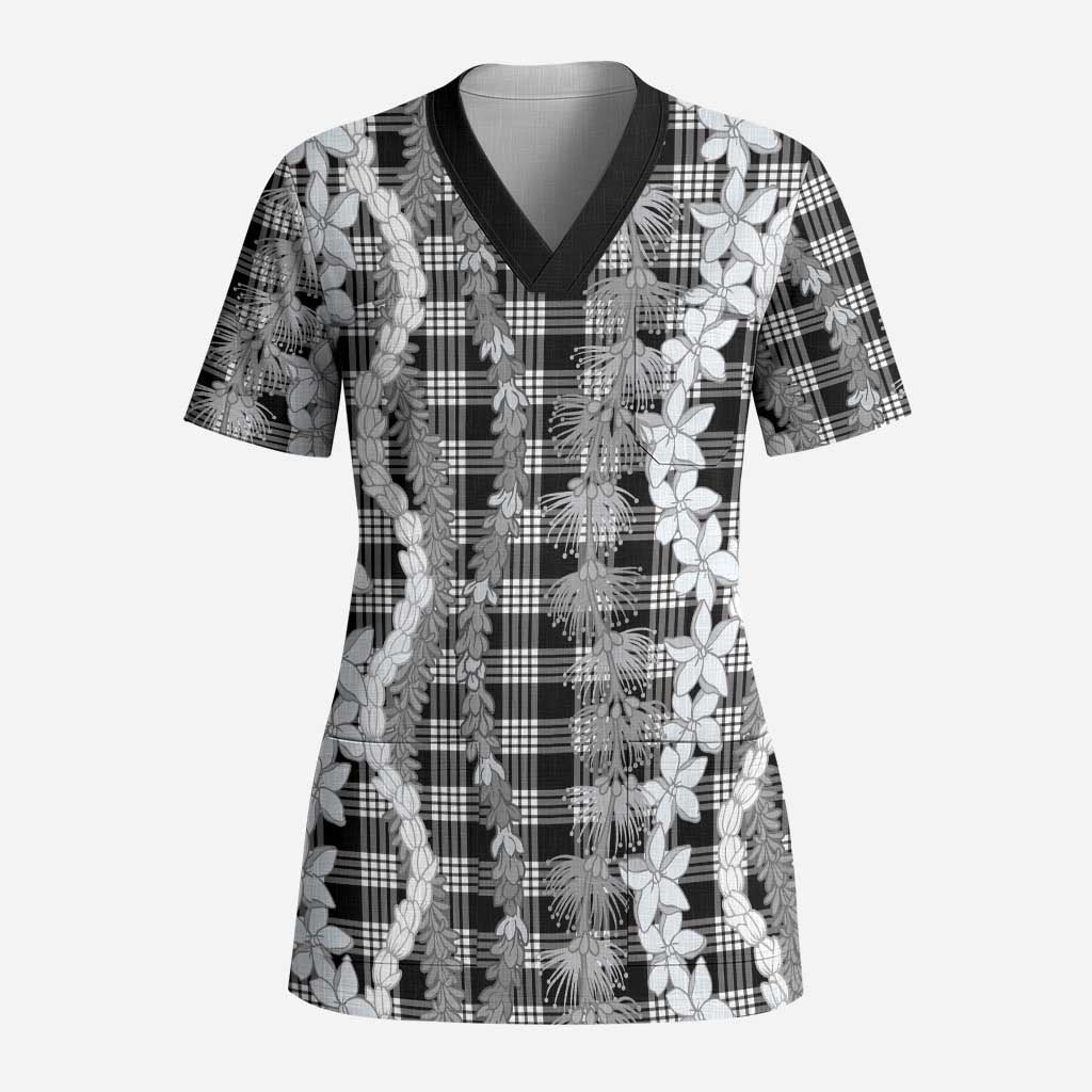 Hawaiian Ohia Lehua Lei Scrub Top Plaid Palaka Eleele Pattern LT9 Adult Black - Polynesian Pride