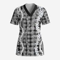 Hawaiian Ohia Lehua Lei Scrub Top Plaid Palaka Eleele Pattern LT9 Adult Black - Polynesian Pride
