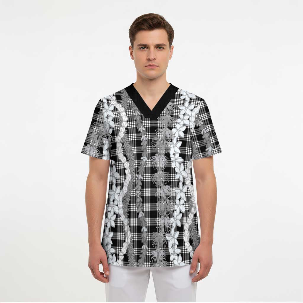 Hawaiian Ohia Lehua Lei Scrub Top Plaid Palaka Eleele Pattern LT9 - Polynesian Pride